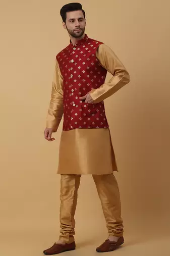 Men's gold kurta and churidar with jacquard ethnic nehru jacket