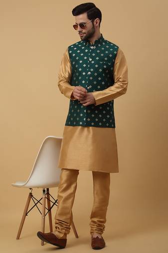 Men's gold kurta and churidar with jacquard ethnic nehru jacket