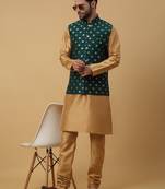 Men's gold kurta and churidar with jacquard ethnic nehru jacket