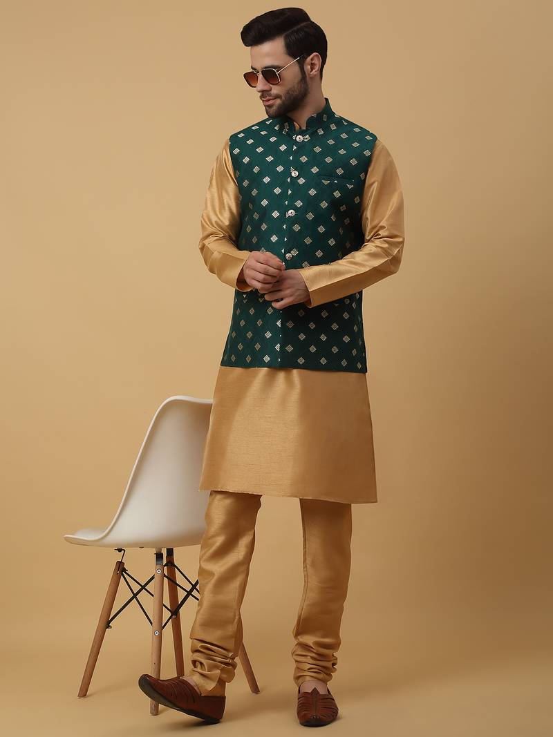 Men's gold kurta and churidar with jacquard ethnic nehru jacket