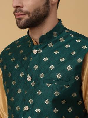 Men's gold kurta and churidar with jacquard ethnic nehru jacket 2