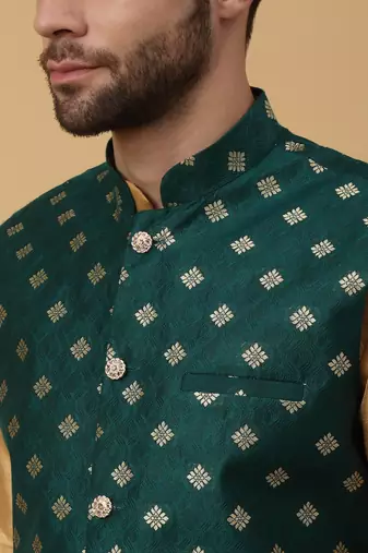 Men's gold kurta and churidar with jacquard ethnic nehru jacket
