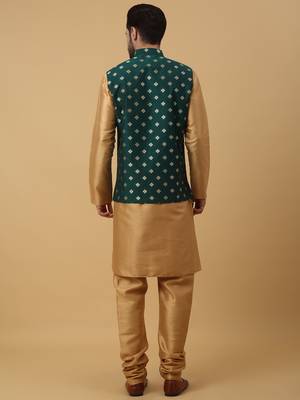 Men's gold kurta and churidar with jacquard ethnic nehru jacket 3
