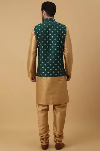 Men's gold kurta and churidar with jacquard ethnic nehru jacket
