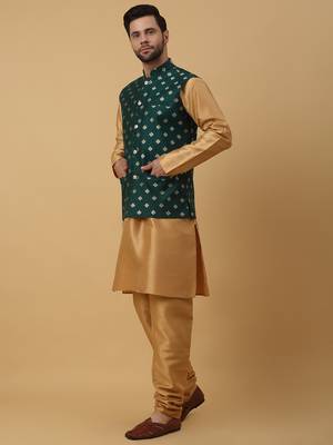 Men's gold kurta and churidar with jacquard ethnic nehru jacket 4