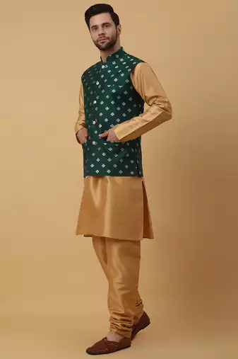 Men's gold kurta and churidar with jacquard ethnic nehru jacket