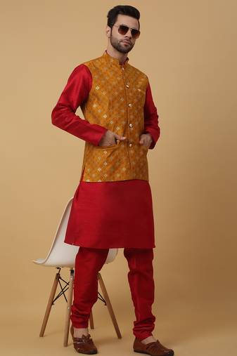 Men's maroon kurta and churidar with jacquard ethnic nehru jacket