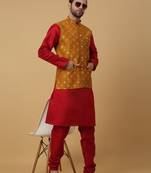 Men's maroon kurta and churidar with jacquard ethnic nehru jacket