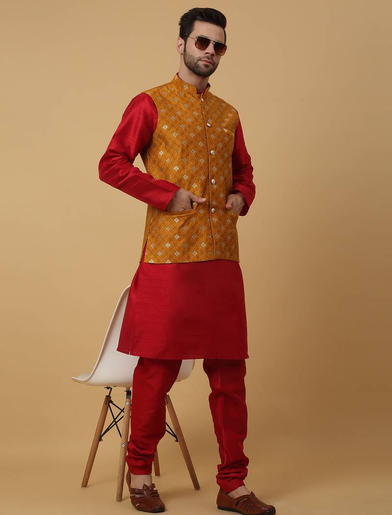 Men's maroon kurta and churidar with jacquard ethnic nehru jacket