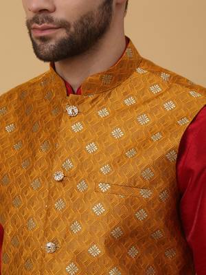 Men's maroon kurta and churidar with jacquard ethnic nehru jacket 2