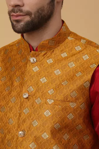 Men's maroon kurta and churidar with jacquard ethnic nehru jacket