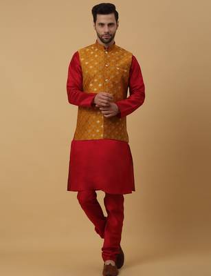 Men's maroon kurta and churidar with jacquard ethnic nehru jacket 4