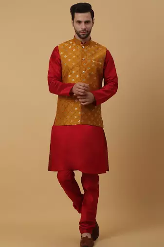 Men's maroon kurta and churidar with jacquard ethnic nehru jacket