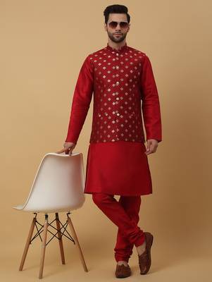 Men's maroon kurta and churidar with jacquard ethnic nehru jacket 1