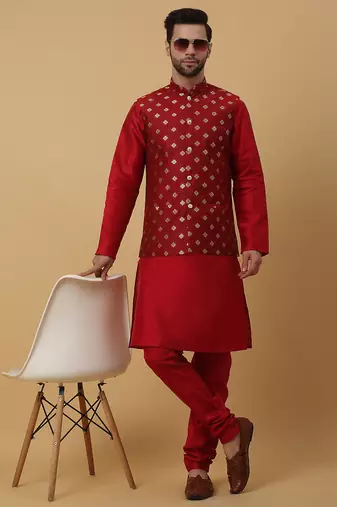 Men's maroon kurta and churidar with jacquard ethnic nehru jacket