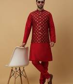 Men's maroon kurta and churidar with jacquard ethnic nehru jacket