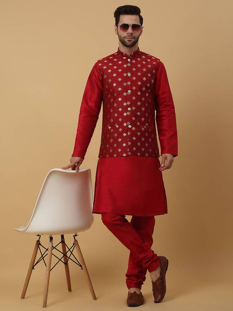 Men's maroon kurta and churidar with jacquard ethnic nehru jacket
