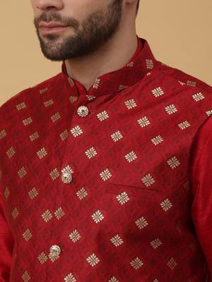 Men's maroon kurta and churidar with jacquard ethnic nehru jacket 2