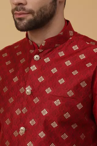 Men's maroon kurta and churidar with jacquard ethnic nehru jacket