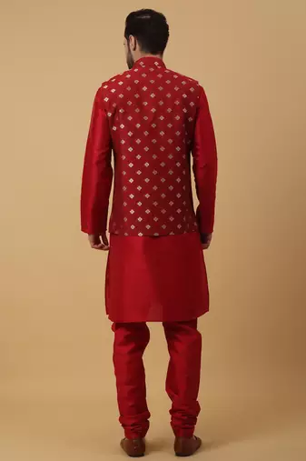 Men's maroon kurta and churidar with jacquard ethnic nehru jacket