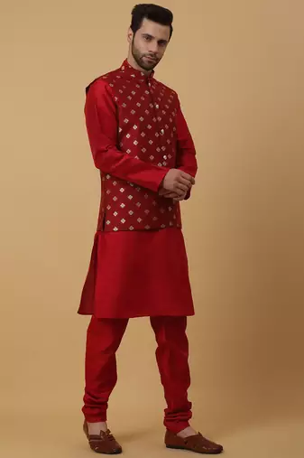 Men's maroon kurta and churidar with jacquard ethnic nehru jacket