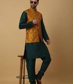 Men's green kurta and churidar with jacquard floral nehru jacket