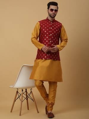 Men's mustard kurta and churidar with jacquard ethnic nehru jacket 1