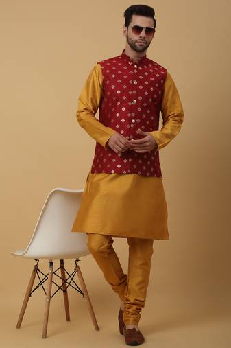 Men's mustard kurta and churidar with jacquard ethnic nehru jacket