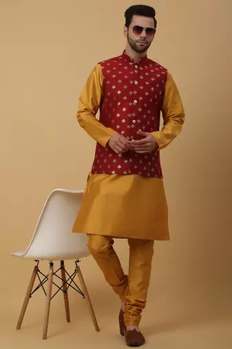 Men's mustard kurta and churidar with jacquard ethnic nehru jacket