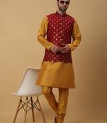 Men's mustard kurta and churidar with jacquard ethnic nehru jacket