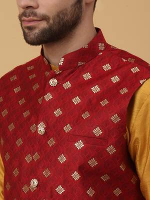 Men's mustard kurta and churidar with jacquard ethnic nehru jacket 2