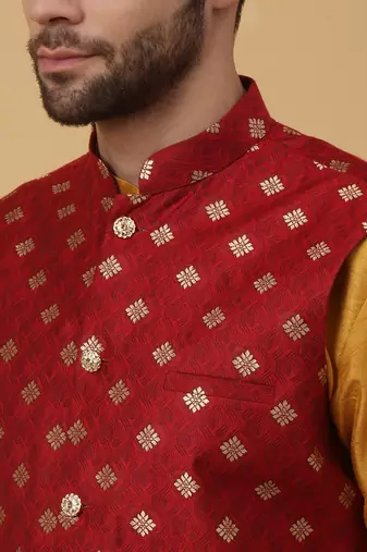 Men's mustard kurta and churidar with jacquard ethnic nehru jacket