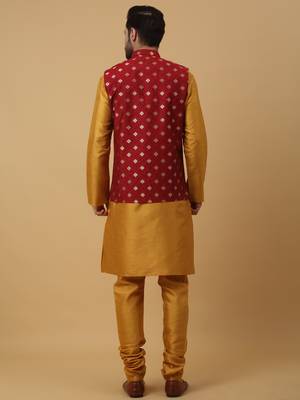 Men's mustard kurta and churidar with jacquard ethnic nehru jacket 3