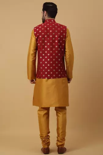 Men's mustard kurta and churidar with jacquard ethnic nehru jacket