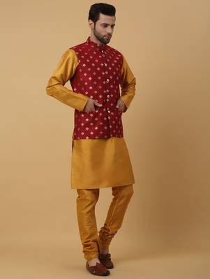 Men's mustard kurta and churidar with jacquard ethnic nehru jacket 4
