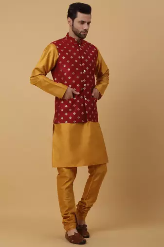Men's mustard kurta and churidar with jacquard ethnic nehru jacket