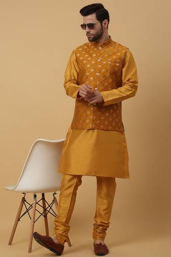 Men's mustard kurta and churidar with jacquard ethnic nehru jacket