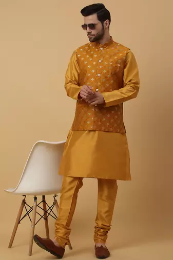 Men's mustard kurta and churidar with jacquard ethnic nehru jacket