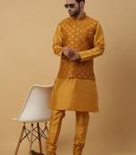 Men's mustard kurta and churidar with jacquard ethnic nehru jacket