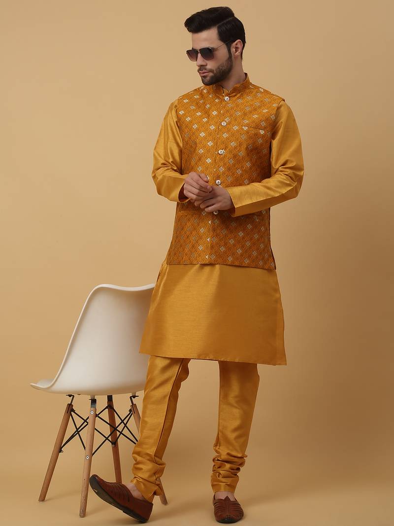 Men's mustard kurta and churidar with jacquard ethnic nehru jacket