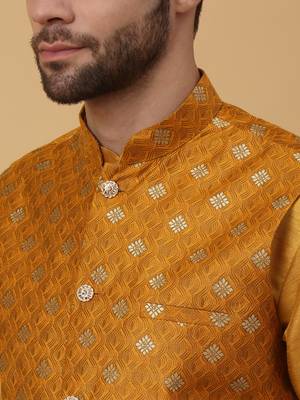 Men's mustard kurta and churidar with jacquard ethnic nehru jacket 2