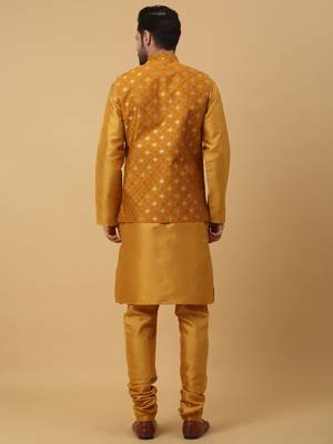 Men's mustard kurta and churidar with jacquard ethnic nehru jacket 3