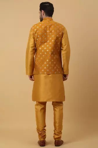 Men's mustard kurta and churidar with jacquard ethnic nehru jacket