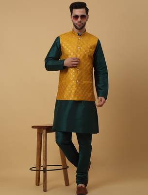 Men's green kurta and churidar with sequenced cotton silk nehru jacket 1