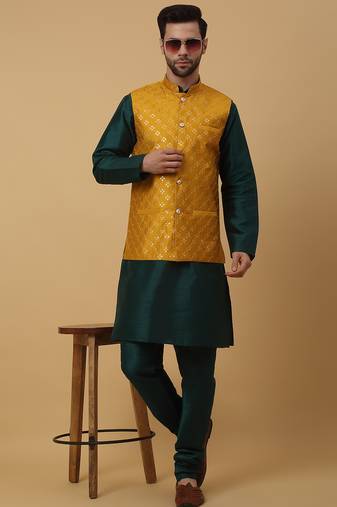 Men's green kurta and churidar with sequenced cotton silk nehru jacket