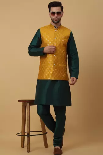 Men's green kurta and churidar with sequenced cotton silk nehru jacket