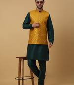 Men's green kurta and churidar with sequenced cotton silk nehru jacket