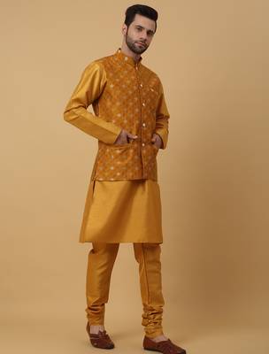 Men's mustard kurta and churidar with jacquard ethnic nehru jacket 4