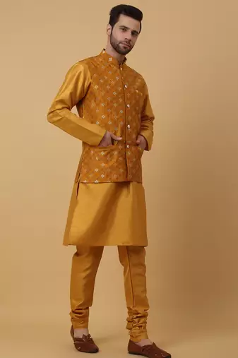 Men's mustard kurta and churidar with jacquard ethnic nehru jacket