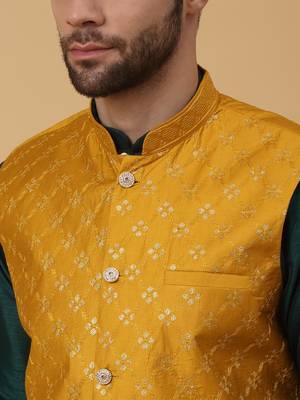 Men's green kurta and churidar with sequenced cotton silk nehru jacket 2